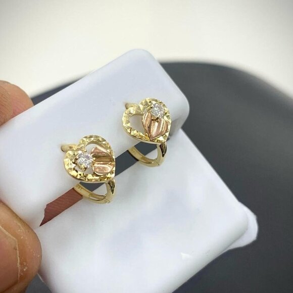 Heart CZ Two Tone Huggies Hoop Earrings for Womens Girls 14K Yellow Gold 11x11mm